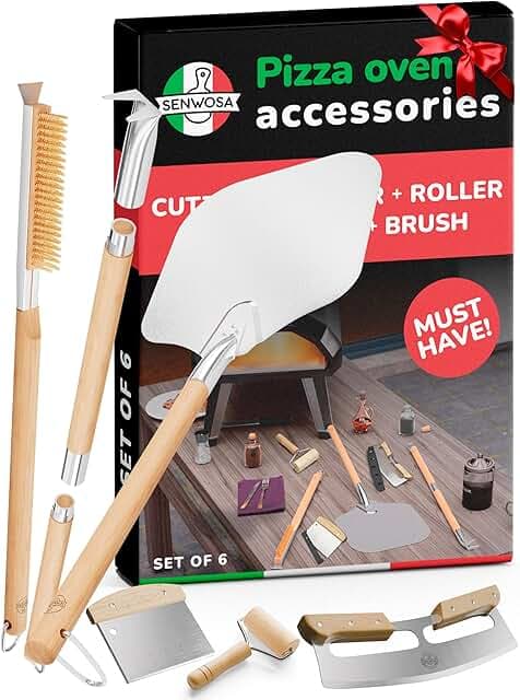 Premium Pizza Oven Accessories Kit - 6-Piece Set for Home Pizza Making: Includes Pizza Peel, Oven Brush, Bubble Popper Turner, Rocker Cutter, Dough Roller & Scraper