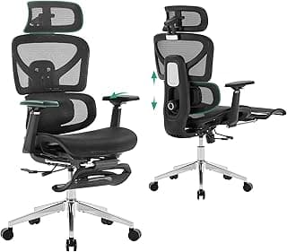 Ergonomic Office Chair with Footrest - 5-Level Adjustable Lumbar Support & 90-135°Recline, 3D Headrest & 4D Armrests, Breathable Mesh Seat Computer Chair for Home Office, Gaming, Black
