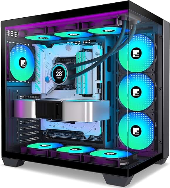 F600 PC Case - Pre-Installed 7 PWM ARGB Fan, ATX Mid-Tower Gaming PC Case, 270° Panoramic Glass with Type-C, FOIFKIN (Black, F600)