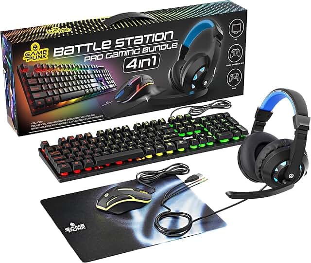 Game Punk 4-Piece PC Gaming Bundle with RGB Keyboard, LED Gaming Mouse, Mouse Pad & Light-Up Headset with Mic, Ergonomic Gamer Accessories for PC, PS4, PS5 & Xbox