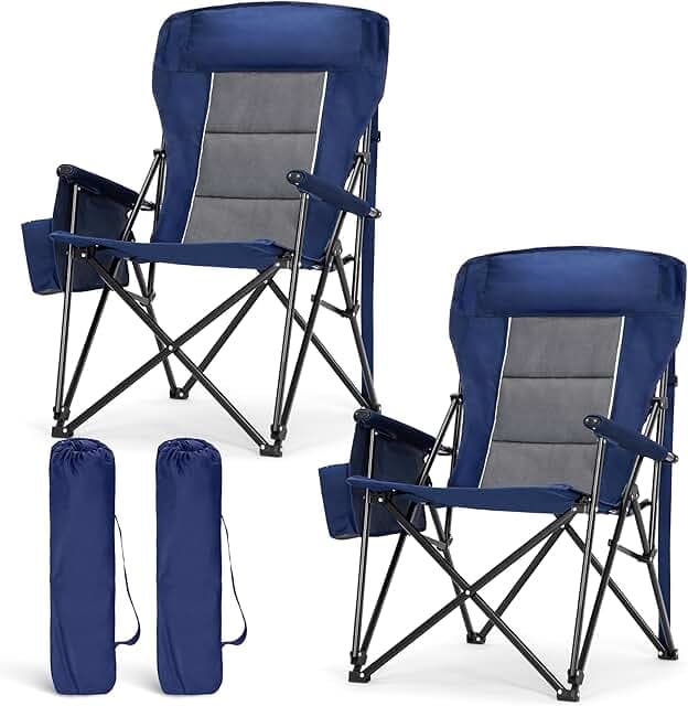 LET'S CAMP Oversized Camping Chairs 29.52" High Back Heavy Duty Lawn Chair Support 500LBS, Portable Collapsible Chair with Cup Holder, Side Pocket,2 Pack(Blue)