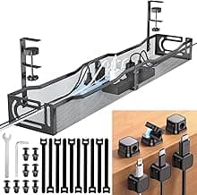 Cable Management Under Desk, 25.3'' No Drill Desk Cable Management Tray with Clamp, Metal Cord Organizer for Standing Desk, Computer Wire Management for Home Office & Gaming Setup, Black