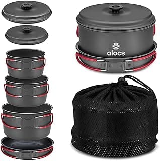 Alocs Camping Cookware Set Camping Gear, Compact Camping Pots and Pans Set, Durable Hard Alumina Camping Cooking Set for Outdoor Backpacking Camping Hiking Picnic, Included Mesh Carry Bag