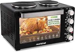NutriChef 30 Quart Kitchen Convection Oven & 2 Burner Cooker - 1500 Watt Oven - 7 Cook Functions Rotisserie, Cook, Bake, Broil & More - Includes Baking Tray, Skewers & Handles - 19.6 x 16.0 x 13.5 IN