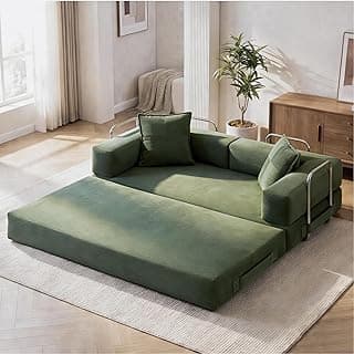 78 Inch Convertible Sofa Bed, 5-in-1 Futon Sofa Bed Pull Out Couch, Boneless Couch Bed for Living Room, Corduroy Boneless Couches for Bedroom, Apartment, No Assembly Sleeper Sofa Bed, Green | 4 Fixed-Shape Frame, Removable Corduroy, High-density foam, with 2 pillow, Tool-Free Assembly