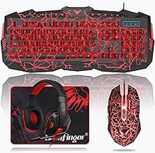 BlueFinger Gaming Keyboard Mouse Headset Combo, USB Wired Crack Backlit,114 Keys Letters Glow LED Keyboard, Red LED Light Headset for Laptop PC Computer Work and Game