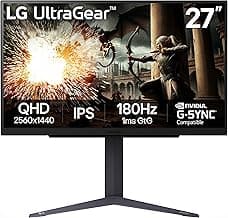 LG 27GS75Q-B 27-inch Ultragear QHD (2560x1440) Gaming Monitor, 180Hz (O/C 200Hz), 1ms, IPS, NVIDIA G-SYNC Compatible, AMD FreeSync, HDR10, Tilt/Height/Pivot Stand, HDMI, DisplayPort, Black