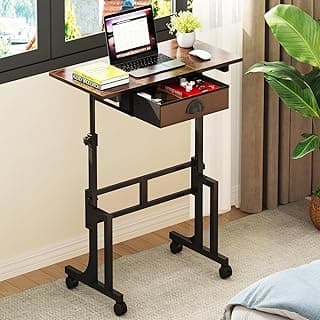 Adjustable Height Standing Desk With Drawer, Rolling Sit Stand Up Desk With Wheels, Small Sit To Stand Computer Desk, Adjustable Desktop Height, On Wheels, Brown, For Walking Pad Laptop Treadmill