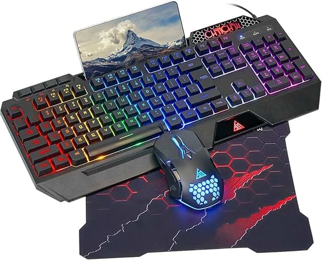 CHONCHOW Gaming Keyboard and Mouse Combo, USB Wired RGB Backlit Anti-Ghosting Silent Keyboard with Ergonomic Wrist Rest & Phone Holder, 7D 7200DPI Gaming Mouse for PC Gamer Xbox PS4 PS5 (RGB-Black)