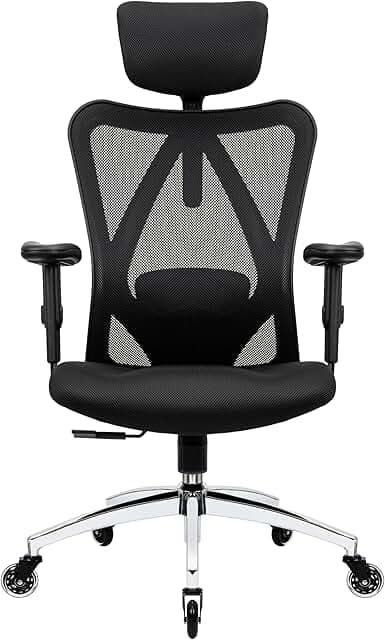 Ergonomic Office Chair - Adjustable Desk Chair with Lumbar Support and Rollerblade Wheels - High Back Chairs with Breathable Mesh - Thick Seat Cushion, Head, and Arm Rests - Reclines (Black)