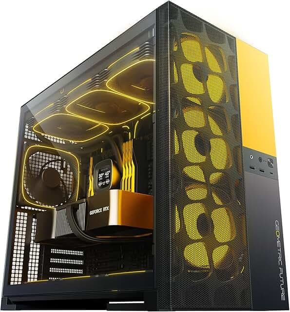 Geometric Future M5 Vent, Mesh Panel Tempered Glass Mid Tower, E-ATX/ATX Gaming Case, High Airflow, Type C, Support 420/360 Rad, ARGB PWM 140mm Fan x 5 Pre-Installed, Black/Yellow, GEO-M5VF-BY