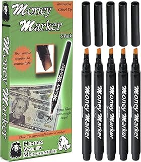 HVM Counterfeit Money Detector Pen (5 Counterfeit Pens) - Money Marker Bill Detector Pen with Upgraded Chisel Tip - Detect Fake Bills, Universal False Currency Checker Pack