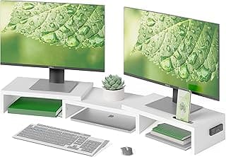 BONTEC Dual Monitor Stand Riser with Smartphone Holder, Adjustable Length & Swivel Angle Wooden Desktop Organizer Stand PC Riser for PC Monitor Laptop Printer, White