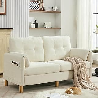 WUTUTUEE 65" Chenille Loveseat Sofa, Modern 2-Seater Love Seat Couch with Armrest Pillows, Storage Pockets, Easy Assembly, Upholstered Tufted Loveseat Sofa Couches for Living Room Bedroom, Beige