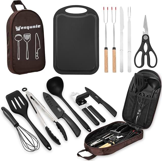 Camping Essentials Cookware Cooking Utensils Set - Portable Camp Kitchen Mess Kit Outdoor Accessories, Stainless Steel & Silicone, Camping Gear Equipment for RV Picnic Grill, Brown