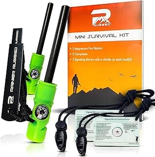 Rainier Rugged 5-in-1 Glow-in-The-Dark Fire Starters Kits with Compass, Signal Mirrors, Whistles -Magnesium Ferro Rods - Compact Portable Hiking, Camping, Trekking,Emergency Survival Rescue