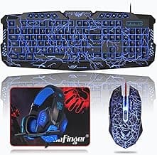 BlueFinger Backlit Gaming Keyboard, Mouse and LED Headset Combo - USB Wired 3 Color Crack Backlit, Blue LED Light Headset - Set for Work and Game