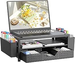 OPNICE Laptop Stand Desk Organizer, 2-Tier Metal Monitor Stand Riser with Drawer & 2 Pen Holders, Ventilated Perforated Steel Top, Office Desk Accessories for Home Office, Black