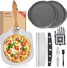 Pizza Peel Pizza Pan Set, 7Pcs Pizza Oven Accessories, 12 Inch Metal Paddle (12"x 14") with Foldable Wooden Handle, 2 Pizza Pans, Rocker Cutter, Pizza Server, Oven Mitts, Oil Brush