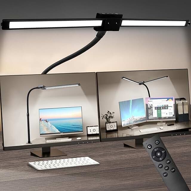 BAYSQUIRREL Led Desk Lamp with Clamp, Gooseneck Remote Control Desk Light with Eye Protection, 24W Ultra Bright Stepless Dimming and Tempering LED Desk Lamp for Home Office, Bedroom, Study