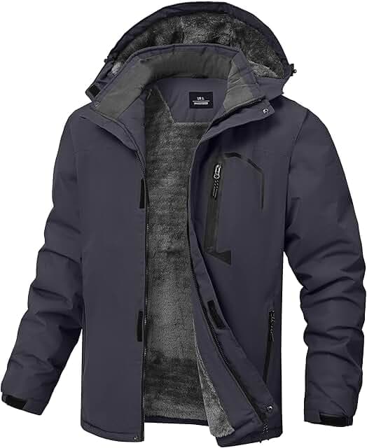Mens Winter Jackets Waterproof Warm Fleece Ski Jacket with Hood Thermal Windproof Coat Zip Pockets