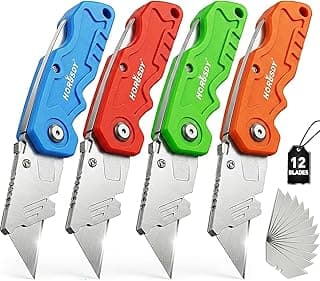 HORUSDY 4-Pack Folding Utility Knife Set, Heavy-Duty Box Cutters with 12 Extra Blades, Quick-Change Razor Knives with Color-Coded Handles (Green/Blue/Red/Orange) for Jobsite, Warehouse & Home Use