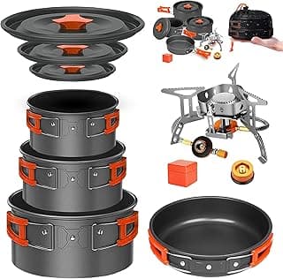 Camping Cookware Mess Kit Set with Stove - Backpacking Camping Pots and Pans Set, All in One Non-Stick Camping Cooking Set, Portable Stove, Hiking, Picnic, Outdoor & Camping Cookware Set