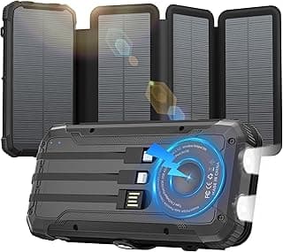 Solar Power Bank 20000mAh Portable Charger Built-in 3 Cables and Wireless Charging Battery Pack Compatible for iPhone, IPX5 Waterproof, Bright Flashlight Perfect for Camping,Hiking,Outdoor