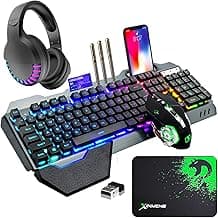 Wireless Gaming Keyboard Mouse Bluetooth Headset Kit with 16 RGB Backlit Rechargeable Battery Metal Mechanical Ergonomic Waterproof Dustproof Removable Palm Rest for Laptop PC Gamer(Rainbow RGB)