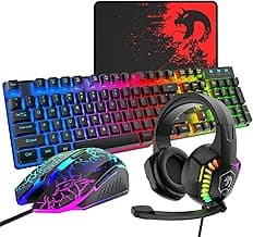 Wired Gaming Keyboard and Mouse Headset Combo,Rainbow LED Backlit Wired Keyboard,Over Ear Headphone with Mic,Rainbow Backlit Gaming Mice,Mouse Pad,for PC,Laptop,Mac,PS4,Xbox(Black)
