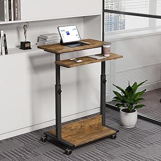 Small Standing Desk with Wheels,Small Mobile Computer Desks Adjustable Height, Portable Standing Office Desks,Computer Workstation for Home Office(Rustic Brown)