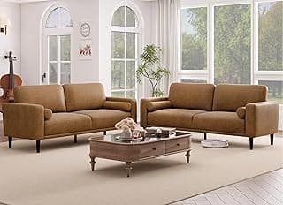 HIFIT 2 Pcs Faux Leather Sofa Couches for Living Room, 79'' Mid-Century Modern Couch with Deep Seat & 2 Pillows, 3 Seater Home Sofa Living Room Furniture Sets for Office, Bedroom, Apartment, Brown