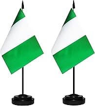 Nigeria Desk Flag Set, 2 Pack Nigerian Table Office Flags, Small Mini Desktop Flag With 12" Solid Black Pole, Black Base, Miniature Desktop Flag