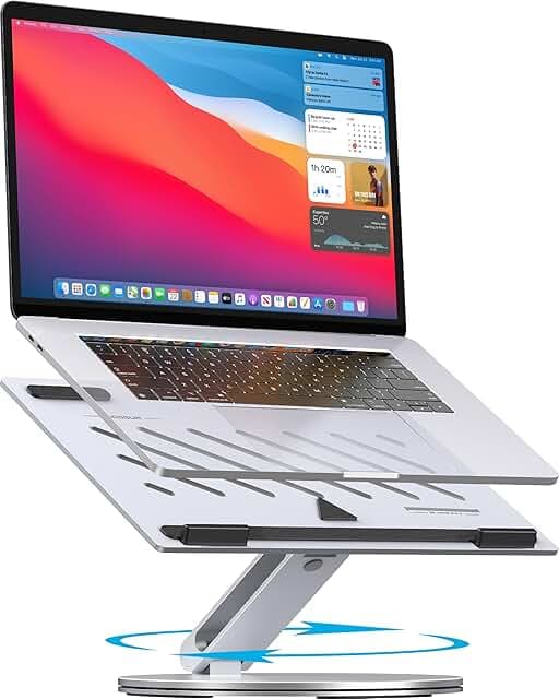 Adjustable Laptop Stand for Desk - 360° Rotating Ergonomic Riser with Aluminum Cooling Vents & Sturdy Construction for 10-16 Inch MacBook Pro/Air, Foldable Portable for Office & Home - Silver