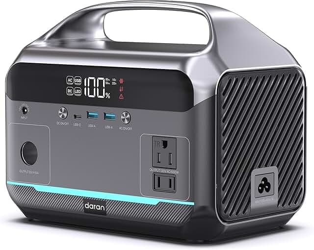 DARAN Portable Power Station 600W (1200W Peak), 288Wh (90,000mAh) Solar Generator LiFePO4 Battery with AC DC Outlets, 2hrs Fast Charging, 7-Port Design for Emergency, Hurricane (Solar Optional)