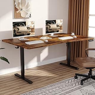 Veken 63 x 28 Inch Electric Standing Desk, Sit to Stand Up, Work Home Office Computer Table for Study, Walking Pad, Writing, and Games, Wooden Desktop Desks, Brown