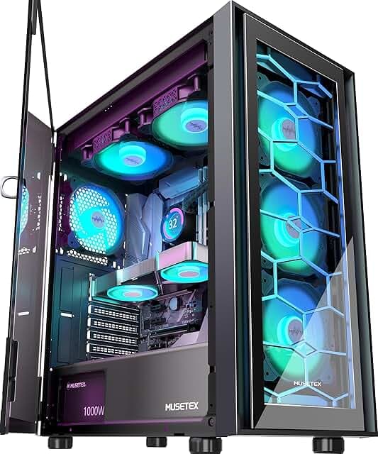 MUSETEX ATX PC Case, 6 PWM ARGB Fans Pre-Installed, Computer Case with Opening Tempered Glass Door, Mid Tower Gaming PC Case, USB 3.0 x 2, Black, G07