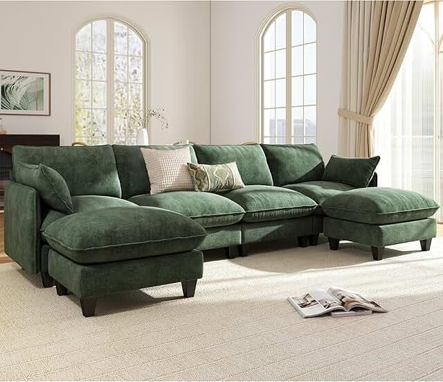 Ihanherry 139" U-Shaped Modular Sectional Couch, Oversized Cloud Sofa with Large Cushions & Movable Ottoman, Chenille Deep Seat Sectional for Living Room, Green