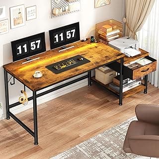 56 Inch Computer Desk,Reversible Office Desk with LED Lights & Power Outlets,Writing Desk with Wide Tabletop for Study,Writing,Desk with Drawers & Printer Shelf for Storage,Craft,Rustic Brown