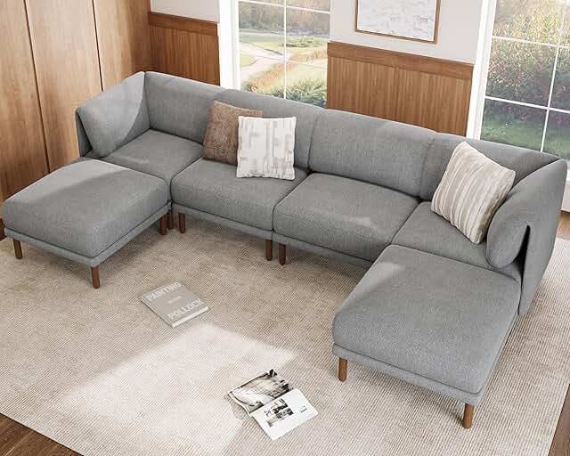 Modular Sectional Sofa,Kalafini U Shaped Couch,6 Seater High-Leg Design Luxury Comfy Sleeper Couch with Ottoman,Solid Wood Frame Sectional Couches for Living Room Furniture Apartment Small Spaces Gray