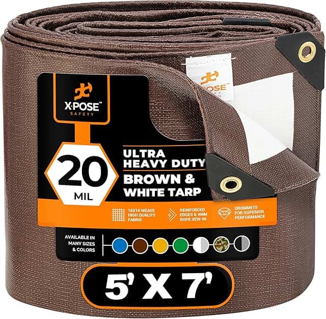Xpose Safety 5' x 7' Ultra Heavy Duty Tarp - 20 Mil Waterproof Tarps for Camping, Outdoor Adventures & Tent Cover, UV Protection, Reinforced Corners, All-Weather Durability