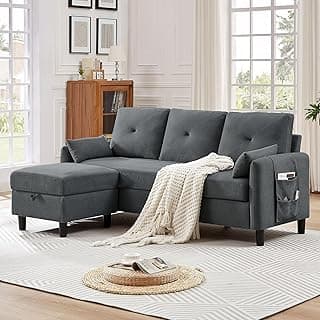 77" Convertible Sectional Sofa, Small L Shaped Couch with Storage Chaise and Side Pcokets, 3 Seat Sofa Couch, Modern Fabric Couches for Living Room, Apartment and Small Space, Dark Grey