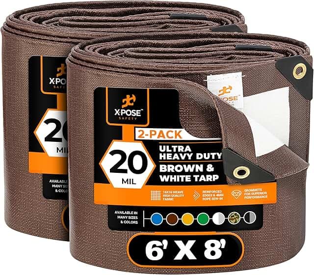 Xpose Safety 6' x 8' Ultra Heavy Duty Tarp (2-Pack) - 20 Mil Waterproof Tarps for Camping, Outdoor Adventures & Tent Cover, UV Protection, Reinforced Corners, All-Weather Durability