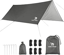 CAMEL CROWN Camping Tarp,3000mm Waterproof & UPF 50+ Sun Protection Rain Fly Tarp - Lightweight Portable Camping Shelter with Stakes, Guy Lines & Carry Bag, for Hiking Backpacking Beach Picnic Shade