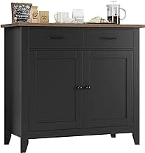 HORSTORS Kitchen Storage Cabinet, Modern Farmhouse Buffet Cabinet with Storage, Coffee Bar with 2 Drawers and 2 Doors, Floor Sideboard Buffet for Living Room, Dining Room, Bathroom, Black/Rustic Brown