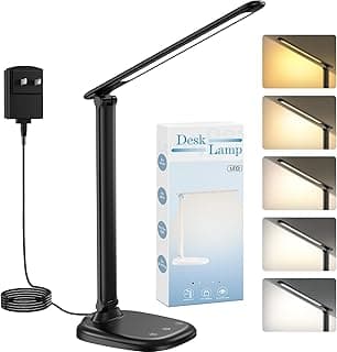 Desk Lamp with Charger, 10%-100% Stepless Dimmable & 5 Color Modes Study Lamp, Touch Control, 30-/60-minute Timer, USB Charging Output Port, CRI≥90, Eye-Caring Foldable LED Desk Lamps for Home Office
