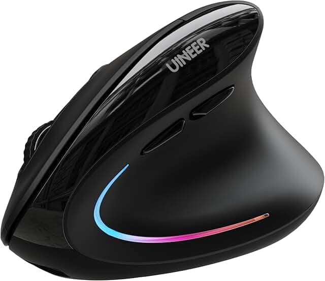 Uineer Ergonomic Mouse, Wireless Bluetooth Rechargeable Vertical Mouse, 7 Color LED, 4 DPI Adjustable, USB-A, Wrist Strain Relief,Optical Mice for Computer/PC/Laptop, Black (Black)