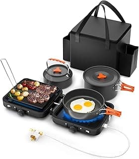 Portable 2 Burner Camping Stove Set with Cookware, Outdoor Folding Gas Stove, Outdoor Cooking Kit, Frying Pan, Griddle, Kettle, Pot, Carry Bag, Emergency Outdoor Cooking Kit, 20,000 BTU/h, Black