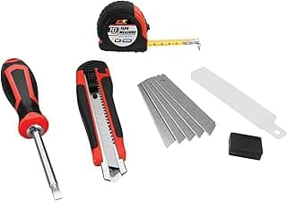 Performance Tool W5049 4 pc. Tool Set: Features Double-Ended Screwdriver with Phillips #2 and Slotted 3/16-in Ends, 10-ft Tape Measure, 6/1/2-in Utility Knife with 5 Replacement Blades, Red/Black
