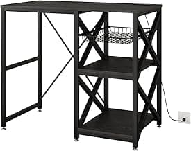 METYERRY Kitchen Bakers Rack with Power Outlet,Mini Fridge Cabinet with Mesh Basket, Mini Fridge and Microwave Table with Storage for Office,Kitchen,Living Room,Coffee Bar,Patio, Black
